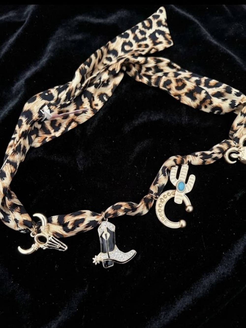 Leopard Print Charm Scarf Necklace with Gold Western Charms nwt